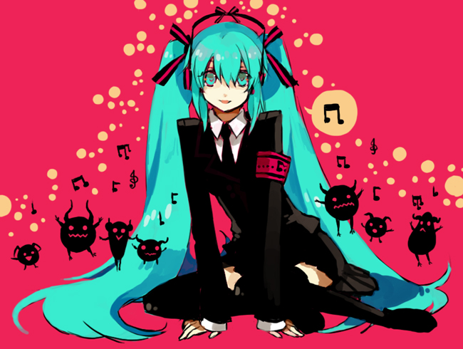 starshadowmagician, hatsune miku, saihate (vocaloid), vocaloid, 1girl, armband, female focus, formal clothes, green eyes, green hair, long hair, matching hair/eyes, necktie, sitting, skirt, skirt suit, solo, suit, thighhighs, twintails, very long hair