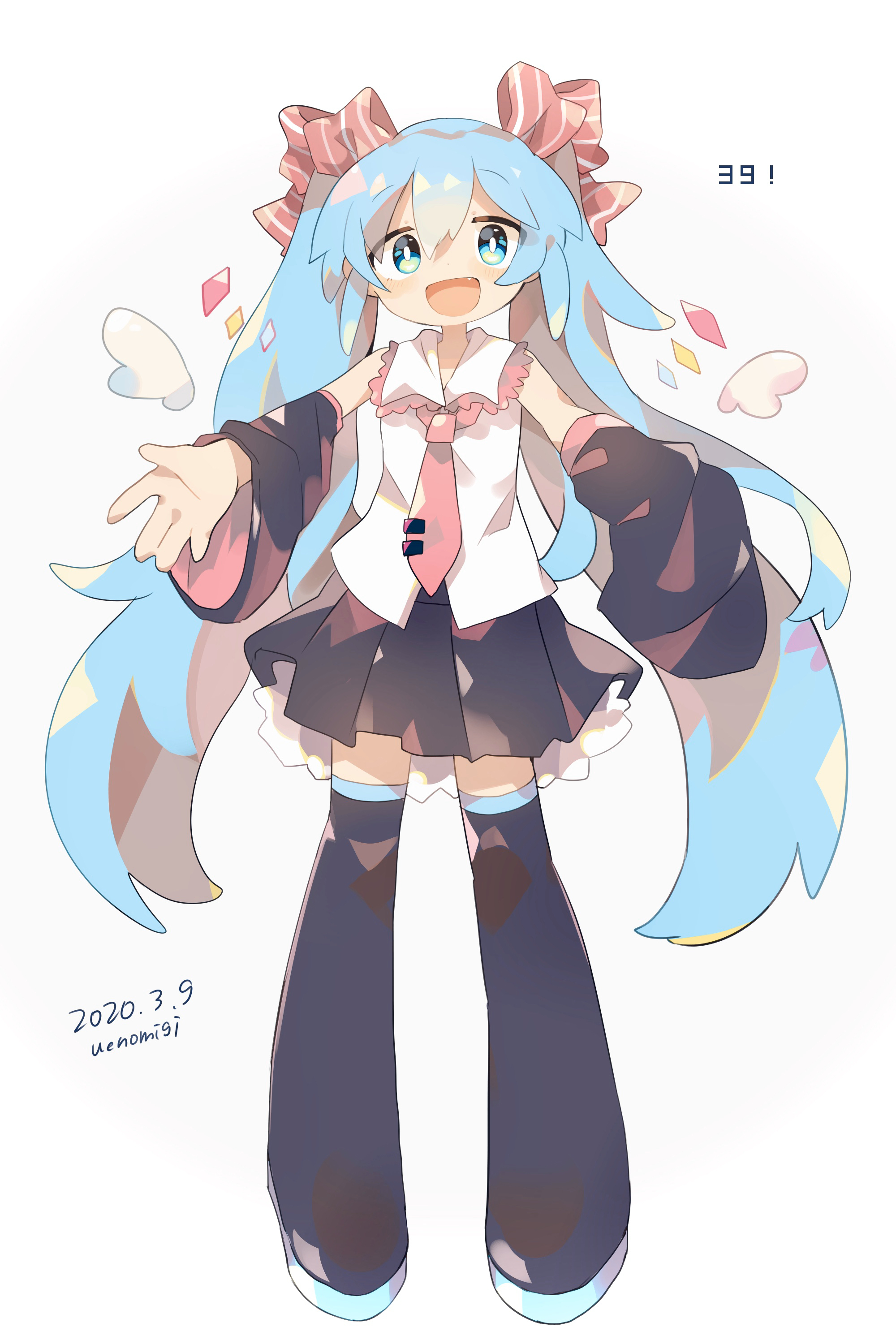 uenomigi, hatsune miku, vocaloid, absurdres, commentary request, highres, 1girl, 39, ;d, bare shoulders, black boots, black skirt, black sleeves, blue eyes, blue hair, blush, boots, bow, collared shirt, dated, detached sleeves, double-parted bangs, fang, full body, hair between eyes, hair bow, long hair, long sleeves, looking at viewer, miku day, miniskirt, necktie, one eye closed, open mouth, pink necktie, pleated skirt, red bow, shirt, signature, simple background, skirt, sleeveless, sleeveless shirt, smile, solo, standing, striped bow, thigh boots, thighhighs, tie clip, twintails, very long hair, white background, white shirt, zettai ryouiki