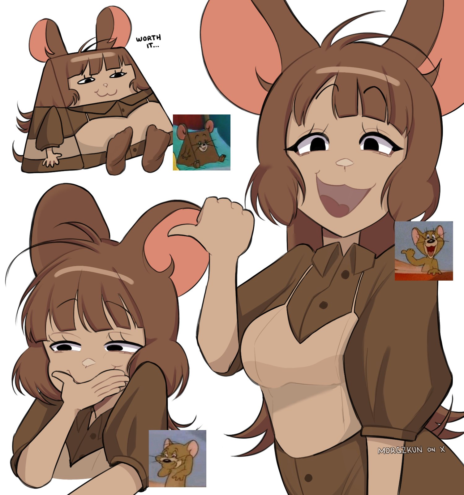jerry (tom and jerry), original, tom and jerry, commentary, english commentary, highres, 1girl, :3, animal ears, artist name, black eyes, breasts, brown eyes, brown hair, brown shirt, choppy bangs, closed mouth, collared shirt, covering own mouth, hand over own mouth, hand up, long hair, looking at viewer, medium breasts, meme, morgzkun, mouse (animal), mouse ears, mouse girl, multiple views, open mouth, photo inset, reference inset, shirt, short sleeves, simple background, smile, triangle jerry (meme), white background