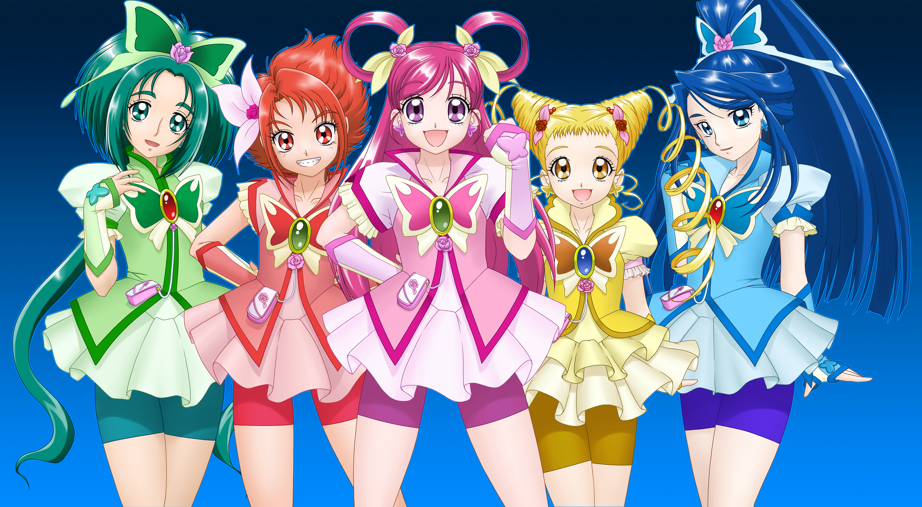 delica, akimoto komachi, cure aqua, cure dream, cure lemonade, cure mint, cure rouge, kasugano urara (yes! precure 5), minazuki karen, natsuki rin, yumehara nozomi, precure, yes! precure 5, yes! precure 5 gogo!, highres, 00s, 5girls, bike shorts, blonde hair, blue background, blue eyes, blue hair, blue shorts, bug, butterfly, butterfly hair ornament, clenched hand, cone hair bun, detached sleeves, drill hair, everyone, eyelashes, gradient background, green eyes, green hair, green shorts, grin, hair bun, hair ornament, hair ribbon, insect, lineup, long hair, magical girl, multiple girls, pink shorts, ponytail, purple eyes, purple hair, red eyes, red hair, red shorts, ribbon, shorts, shorts under skirt, skirt, smile, twintails, very long hair, wide ponytail, yellow eyes, yellow skirt