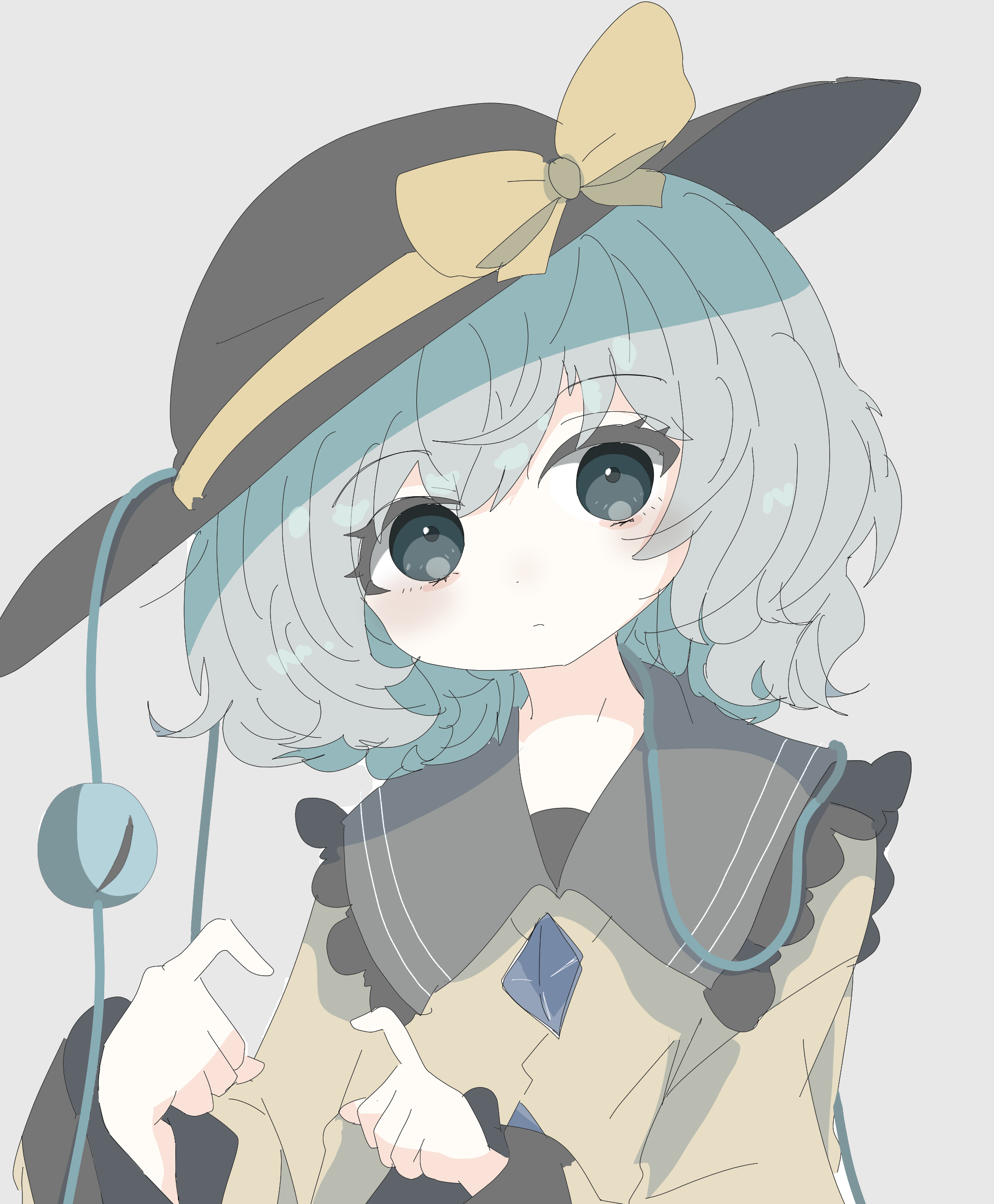 komeiji koishi, touhou, highres, 1girl, black hat, blouse, bow, buttons, closed mouth, diamond button, eyeball, frilled shirt collar, frilled sleeves, frills, green eyes, green hair, hat, hat bow, hat ribbon, ribbon, risottooisii, shirt, short hair, solo, third eye, upper body, yellow bow, yellow ribbon, yellow shirt