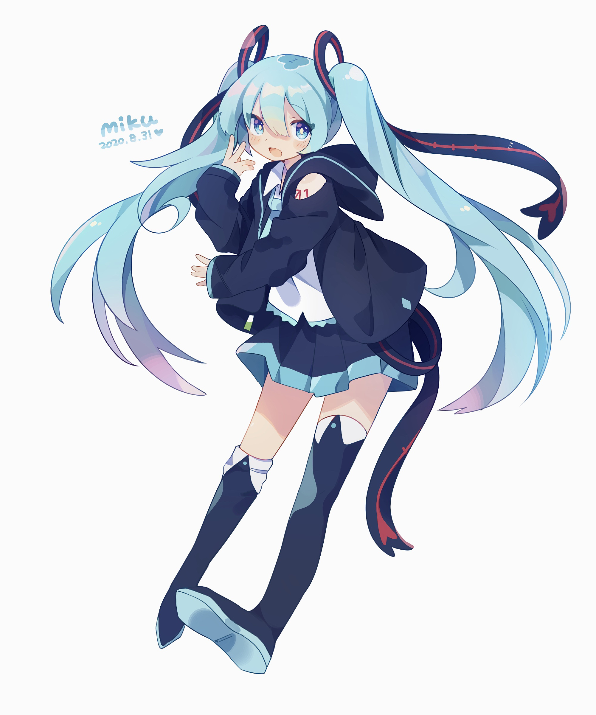 uenomigi, hatsune miku, vocaloid, absurdres, commentary, highres, 1girl, :d, asymmetrical footwear, black boots, black hoodie, black skirt, blue eyes, blue hair, blue necktie, blush stickers, boots, character name, collared shirt, dated, full body, hair between eyes, hood, hood down, hoodie, knee boots, long hair, long sleeves, looking at viewer, miniskirt, necktie, number tattoo, open clothes, open hoodie, open mouth, pleated skirt, shirt, shoulder tattoo, simple background, single thigh boot, skirt, smile, solo, tattoo, thigh boots, twintails, uneven footwear, very long hair, white background, white shirt
