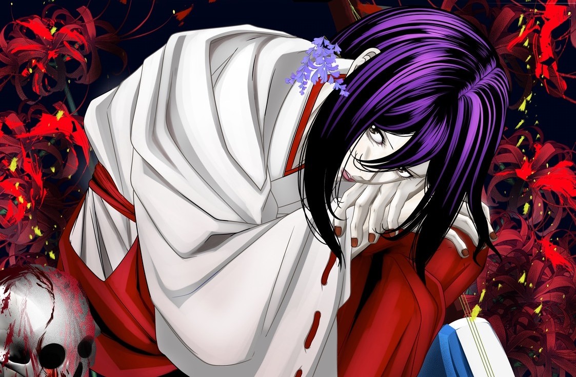 copyright request, 1girl, flower, hair between eyes, hakama, japanese clothes, looking at viewer, miko, purple hair, red hakama, red nails, ribbon-trimmed sleeves, ribbon trim, shion kurama, skull, solo, spider lily