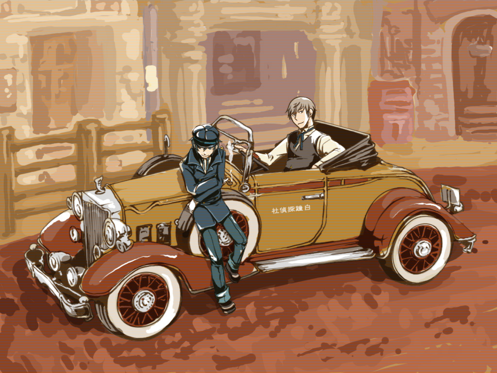 mizuno (hal0527), narukami yu, shirogane naoto, atlus, persona, persona 4, 1boy, 1girl, androgynous, blazer, blue hair, car, detective, grey hair, hat, holding, holding smoking pipe, jacket, left-hand drive, motor vehicle, newsboy cap, reverse trap, smoking pipe, vehicle focus, vest