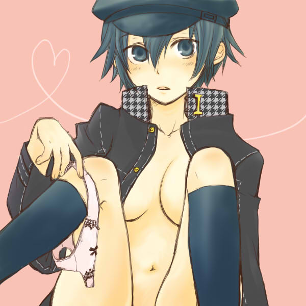 omugi, shirogane naoto, atlus, persona, persona 4, 1girl, blue eyes, blue hair, breasts, cleavage, female focus, hat, matching hair/eyes, medium breasts, newsboy cap, open clothes, open shirt, panties, shirt, short hair, solo, underwear