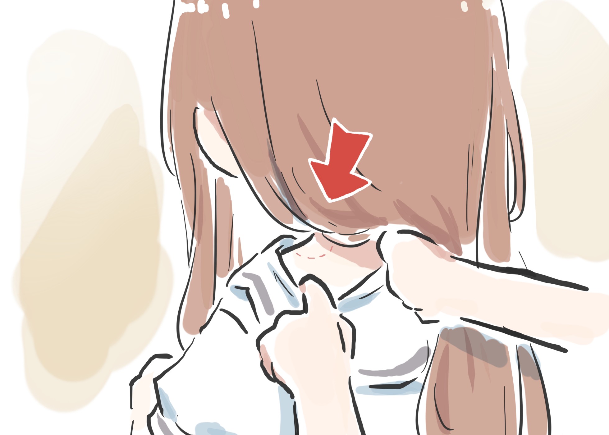 lyy, chihaya anon, nagasaki soyo, bang dream!, bang dream! it's mygo!!!!!, commentary request, highres, 2girls, arrow (symbol), bite mark, bite mark on neck, brown hair, dress, long hair, multiple girls, school uniform, short sleeves, sidelocks, tsukinomori school uniform, white dress, yuri