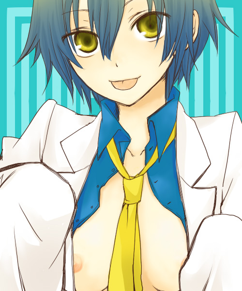 omugi, shadow (persona), shirogane naoto, atlus, persona, persona 4, blue hair, lab coat, necktie, open clothes, open shirt, shirt, short hair, solo, tongue, yellow eyes
