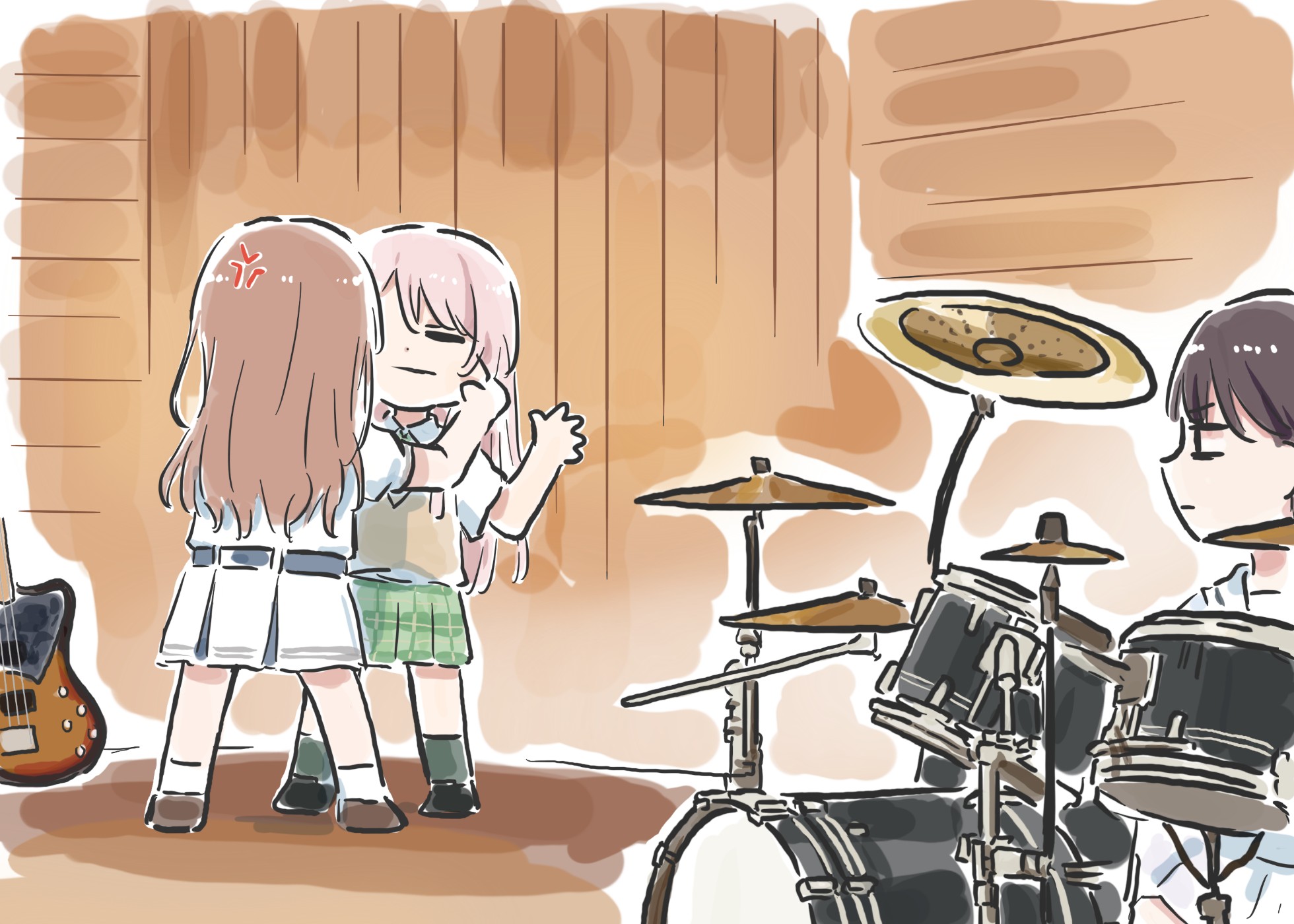 lyy, chihaya anon, nagasaki soyo, shiina taki, bang dream!, bang dream! it's mygo!!!!!, commentary request, highres, 3girls, anger vein, bass guitar, belt, black hair, blue belt, brown hair, brown sweater vest, cheek pull, closed eyes, dress, drum, drum set, green skirt, haneoka school uniform, indoors, instrument, long hair, multiple girls, pink hair, plaid clothes, plaid skirt, pleated skirt, school uniform, shirt, skirt, standing, sweater vest, tsukinomori school uniform, white dress, white shirt