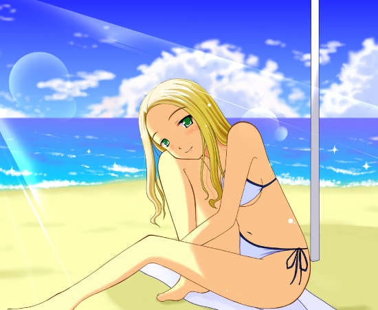 john t h, original, 1girl, barefoot, beach, bikini, blonde hair, day, female focus, green eyes, long hair, outdoors, solo, swimsuit, white bikini