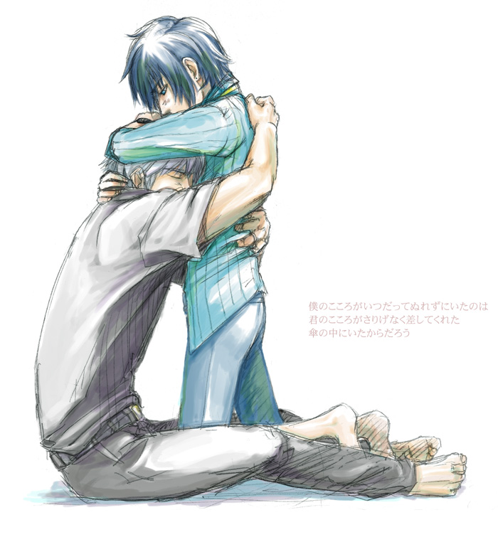 mizuno (hal0527), narukami yu, shirogane naoto, atlus, persona, persona 4, 1boy, 1girl, androgynous, barefoot, blue hair, couple, grey hair, hetero, holding, hug, reverse trap, short hair, watch, wristwatch