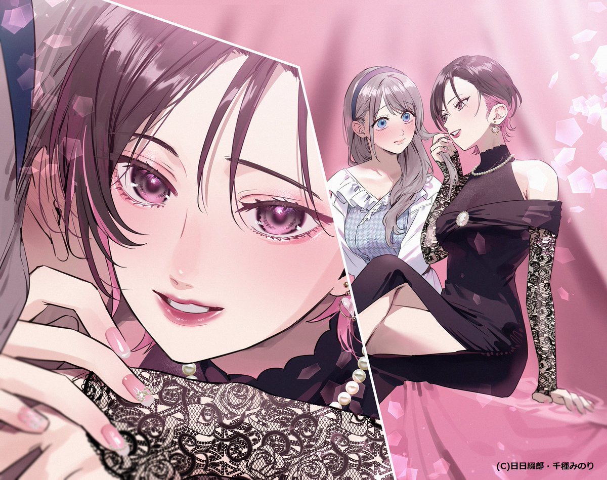 chigusa minori, saotome shino (shino to ren), shirayuki ren, shino to ren, commentary request, official art, second-party source, 2girls, black dress, blue hairband, closed mouth, dress, grey hair, hairband, holding another's hair, long hair, long sleeves, multiple girls, nail polish, open mouth, pink eyes, pink hair, pink nails, short hair