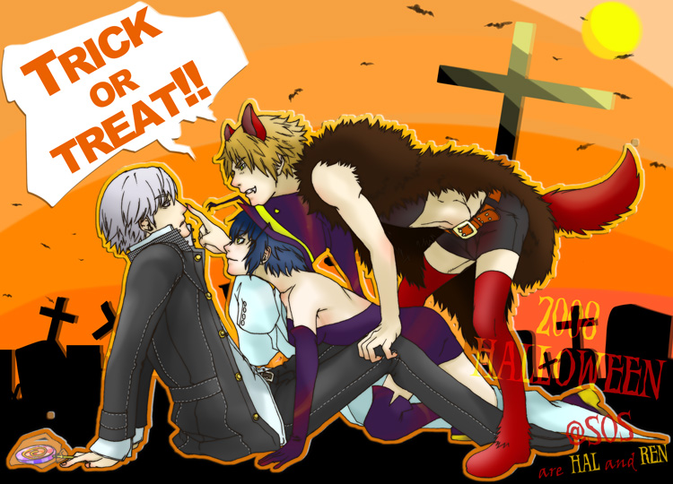 mizuno (hal0527), hanamura yousuke, narukami yu, shadow (persona), shirogane naoto, atlus, persona, persona 4, 00s, 1girl, 2008, 2boys, animal ears, bat (animal), blue hair, boots, brown hair, costume, cross, elbow gloves, feather boa, gloves, graveyard, grey hair, halloween, hat, lab coat, multiple boys, school uniform, short hair, tail, thigh boots, thighhighs, trick or treat, werewolf, witch, witch hat, wolf, wolf tail