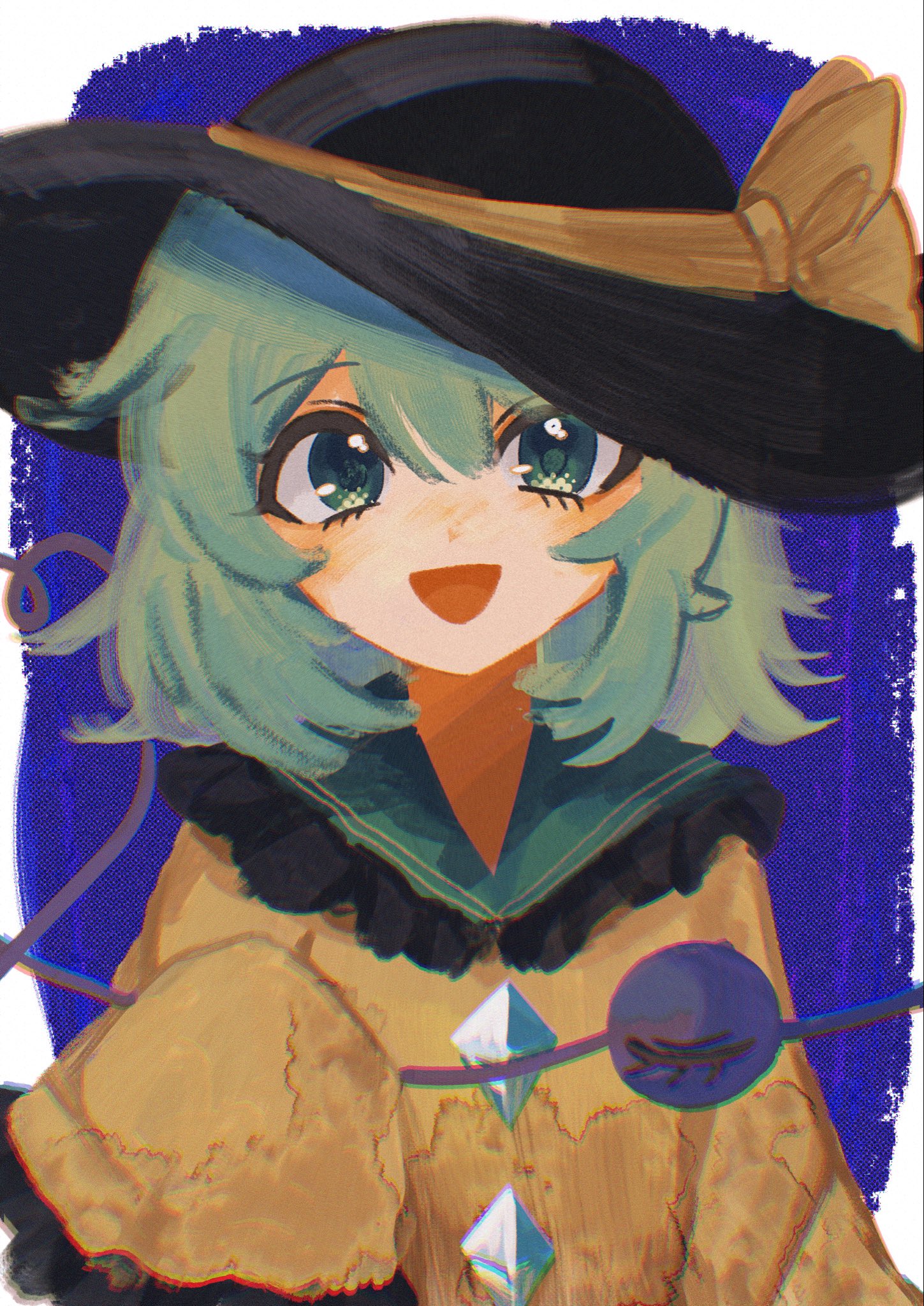 chamusuke (nesicoso suke), komeiji koishi, touhou, highres, 1girl, black hat, blouse, blush, bow, buttons, diamond button, eyeball, frilled shirt collar, frilled sleeves, frills, green hair, hat, hat bow, hat ribbon, heart, heart of string, open mouth, ribbon, shirt, simple background, smile, solo, third eye, yellow bow, yellow ribbon, yellow shirt