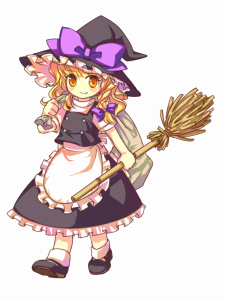 enone, kirisame marisa, touhou, 1girl, apron, bag, blonde hair, bow, braid, broom, female focus, hair bow, hat, no nose, sack, side braid, simple background, smile, solo, walking, witch, witch hat, yellow eyes