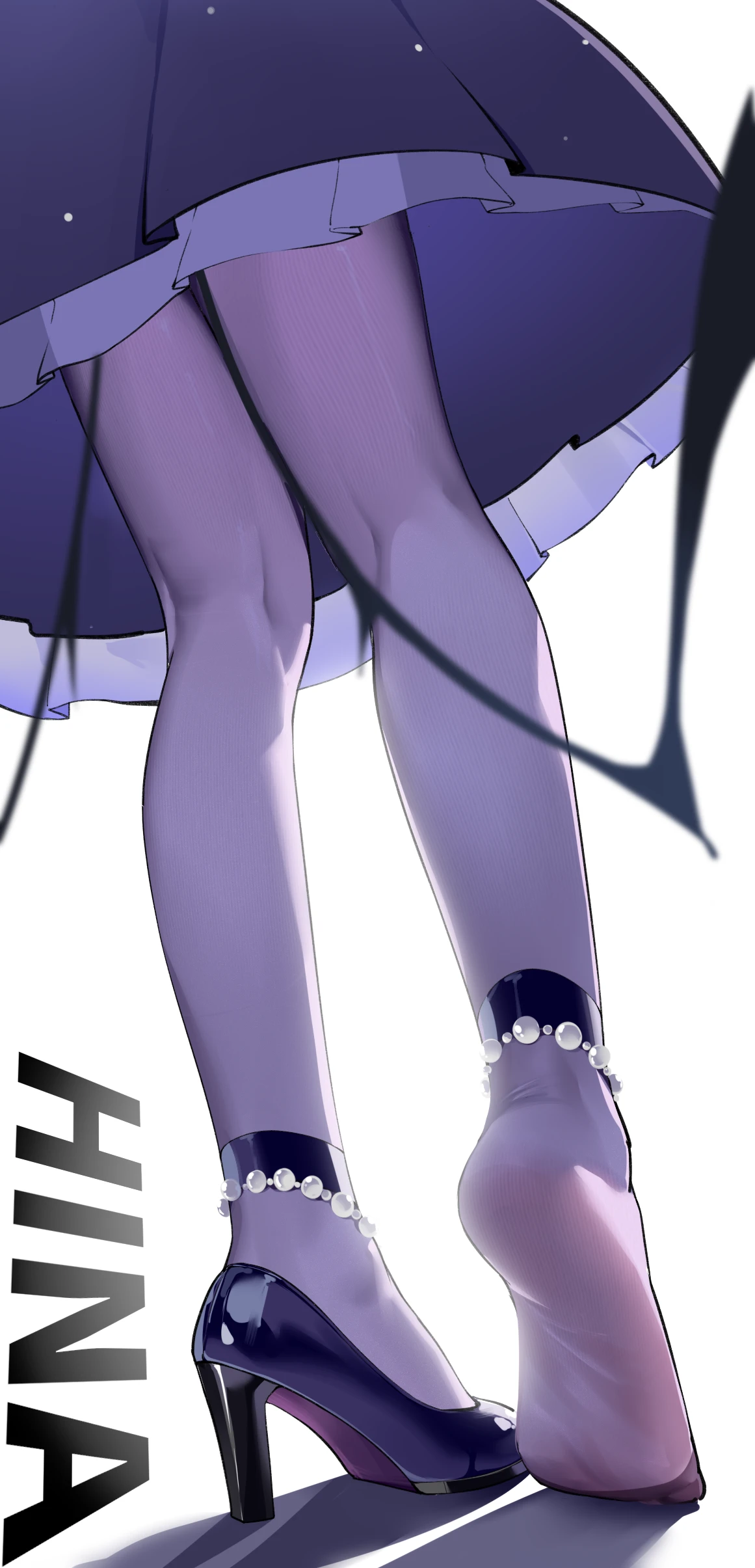 painterliuhao, hina (blue archive), hina (dress) (blue archive), blue archive, absurdres, highres, revision, 1girl, dress, feet, foot focus, frilled dress, frills, from behind, high heels, legs, low wings, lower body, no shoes, official alternate costume, pantyhose, purple dress, purple pantyhose, purple shoes, shoes, simple background, single shoe, solo, standing, tiptoes, white background, wings