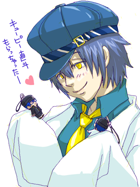 mizuno (hal0527), shadow (persona), shadow naoto, shirogane naoto, atlus, persona, persona 4, 1girl, blue hair, charm (object), female focus, hat, lab coat, long sleeves, necktie, newsboy cap, reverse trap, short hair, smile, solo, yellow eyes