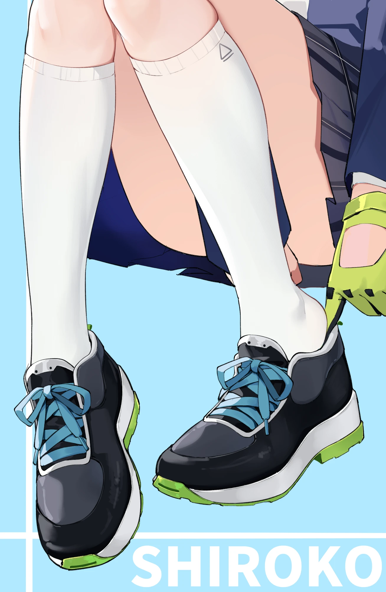 painterliuhao, shiroko (blue archive), blue archive, highres, revision, 1girl, black skirt, blazer, blue background, blue jacket, character name, gloves, green gloves, jacket, kneehighs, knees up, long sleeves, lower body, miniskirt, pleated skirt, putting on footwear, shoelaces, shoes, simple background, sitting, skirt, sneakers, socks, solo, thighs, white socks
