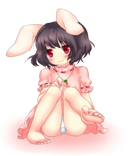 enone, inaba tewi, touhou, 1girl, :3, animal ears, barefoot, black hair, blush, carrot, clothes lift, feet, female focus, jewelry, no nose, panties, pantyshot, pendant, rabbit ears, red eyes, short hair, sitting, skirt, skirt lift, solo, toes, underwear, upskirt, white panties
