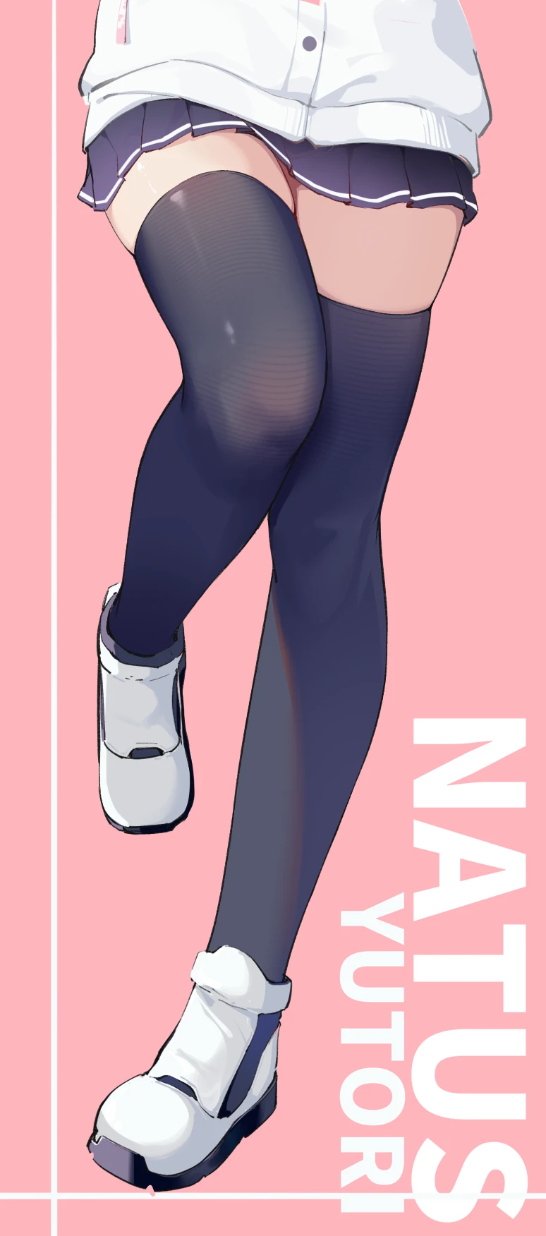 painterliuhao, natsu (blue archive), blue archive, highres, 1girl, black thighhighs, boots, character name, jacket, legs, lower body, miniskirt, pink background, pleated skirt, simple background, skindentation, skirt, solo, standing, standing on one leg, thighhighs, white boots, white jacket