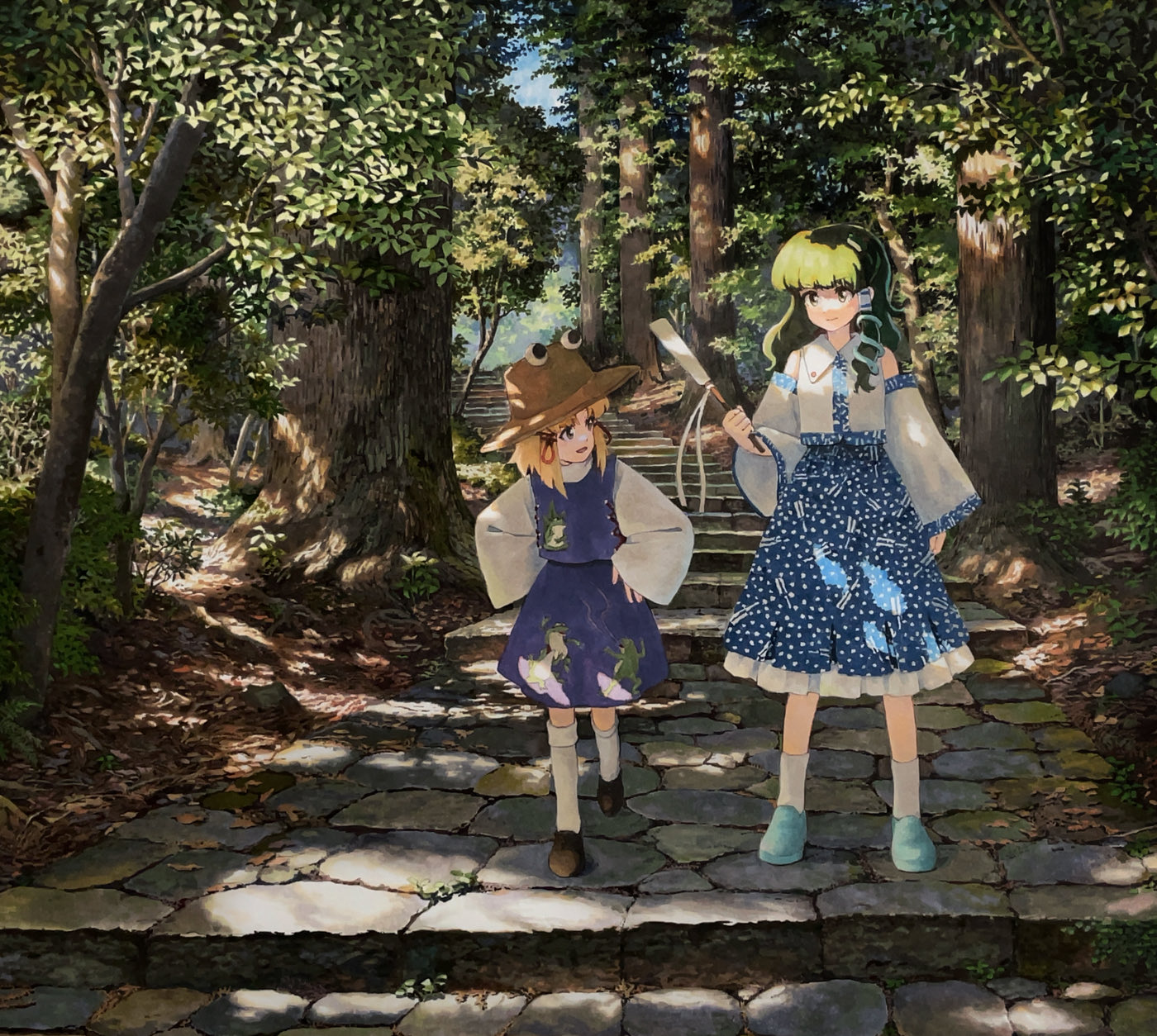 shiratama (hockey), kochiya sanae, moriya suwako, touhou, commentary request, highres, marker (medium), traditional media, 2girls, :d, animal print, bare shoulders, black shoes, blonde hair, blue shoes, blue skirt, brown hat, closed mouth, collared shirt, dappled sunlight, day, detached sleeves, forest, frog hair ornament, frog print, full body, gohei, green eyes, green hair, hair ornament, hair ribbon, hair tubes, hands on own hips, hat, holding, holding gohei, long hair, long sleeves, looking at another, multiple girls, nature, open mouth, outdoors, path, purple skirt, purple vest, red ribbon, ribbon, road, shirt, shoes, single hair tube, skirt, sleeveless, sleeveless shirt, smile, snake hair ornament, socks, stairs, sunlight, thighhighs, tree, tress ribbon, vest, white shirt, white sleeves, white socks, white thighhighs, wide sleeves, yellow eyes