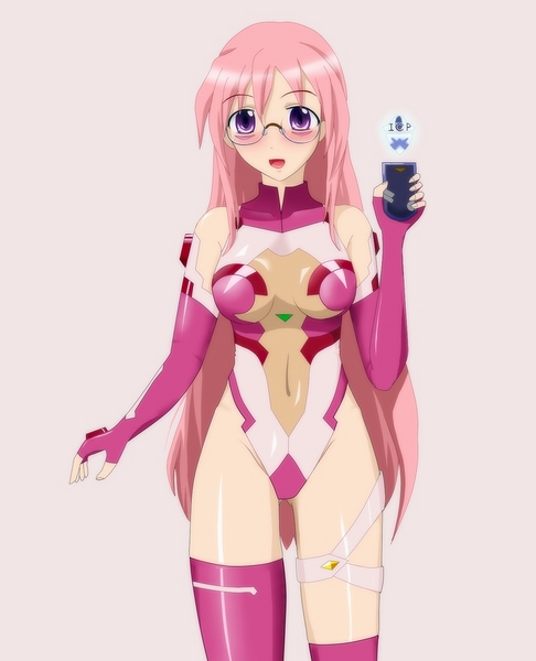endou aya, kannagi itsuki, takara miyuki, lucky star, sora wo kakeru shoujo, blush, cosplay, elbow gloves, glasses, gloves, kannagi itsuki (cosplay), long hair, navel, pink hair, purple eyes, very long hair, voice actor connection