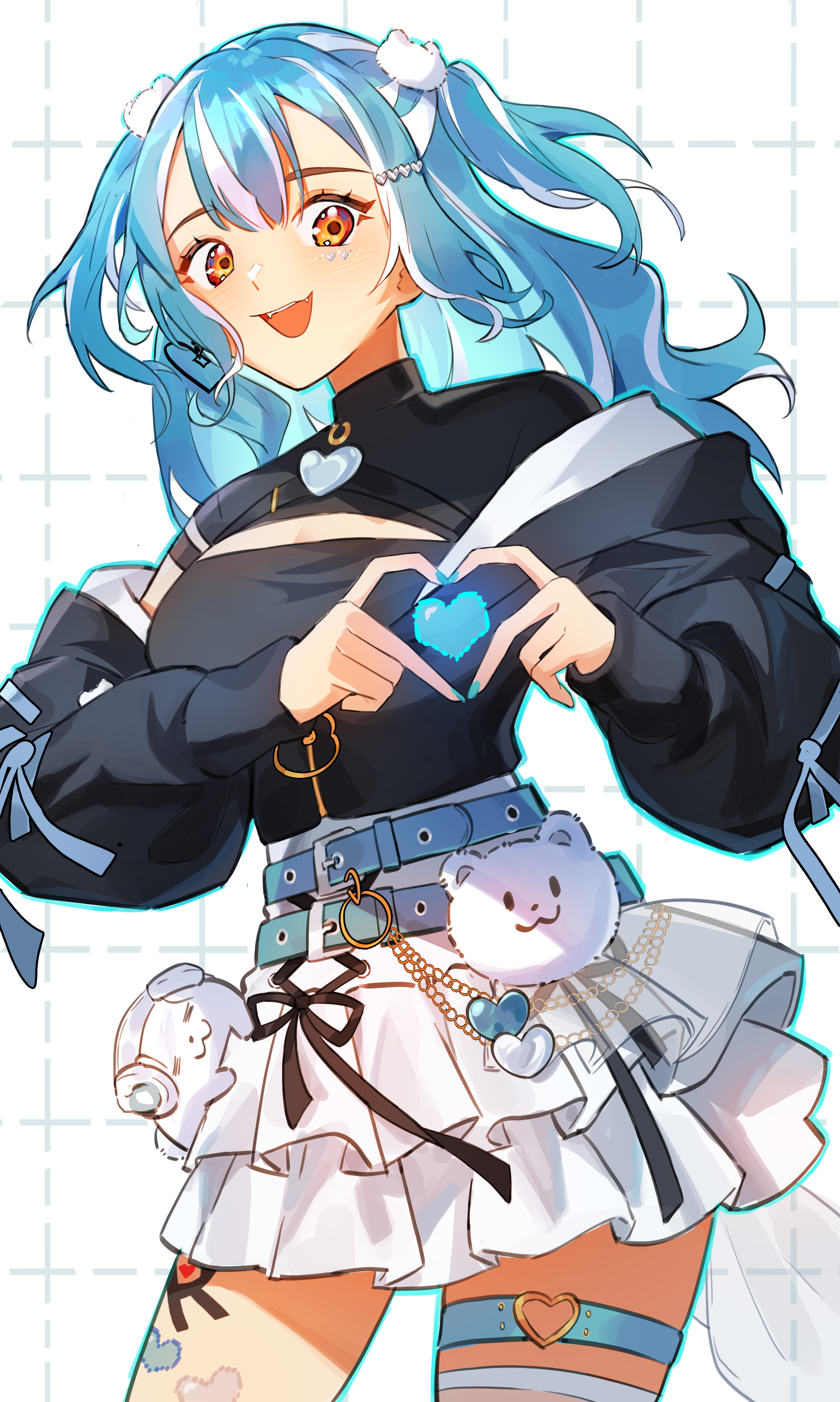 shouz, shiranami ramune, vspo!, absurdres, commentary request, highres, 1girl, belt, belt buckle, black jacket, black shirt, blue belt, blue hair, blue nails, breasts, buckle, cowboy shot, double-parted bangs, fingernails, frilled skirt, frills, hair ornament, heart, heart hands, heart in heart hands, heart o-ring, jacket, long hair, long sleeves, looking at viewer, medium breasts, multicolored hair, nail polish, o-ring, o-ring thigh strap, open clothes, open jacket, open mouth, orange eyes, shirt, skirt, smile, solo, streaked hair, thigh strap, virtual youtuber, white background, white skirt, white streaks