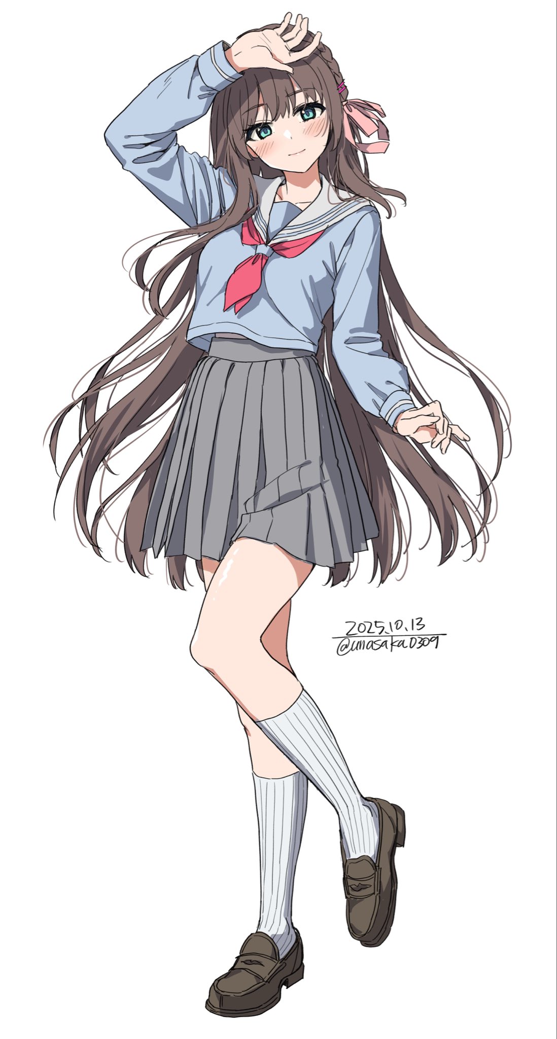 unasaka ryou, original, highres, 1girl, blue eyes, blue shirt, blush, braid, breasts, brown hair, closed mouth, full body, grey skirt, hair ornament, hair ribbon, hairclip, long hair, long sleeves, looking at viewer, neckerchief, pink ribbon, pleated skirt, red neckerchief, ribbed socks, ribbon, sailor collar, school uniform, shirt, shoes, simple background, skirt, smile, socks, solo, white background, white sailor collar, white socks
