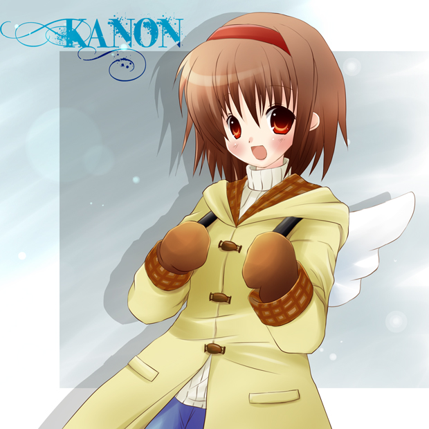 oumi neneha, tsukimiya ayu, kanon, bad id, bad pixiv id, 1girl, bag, brown hair, female focus, mittens, red eyes, short hair, solo, toggles, wings