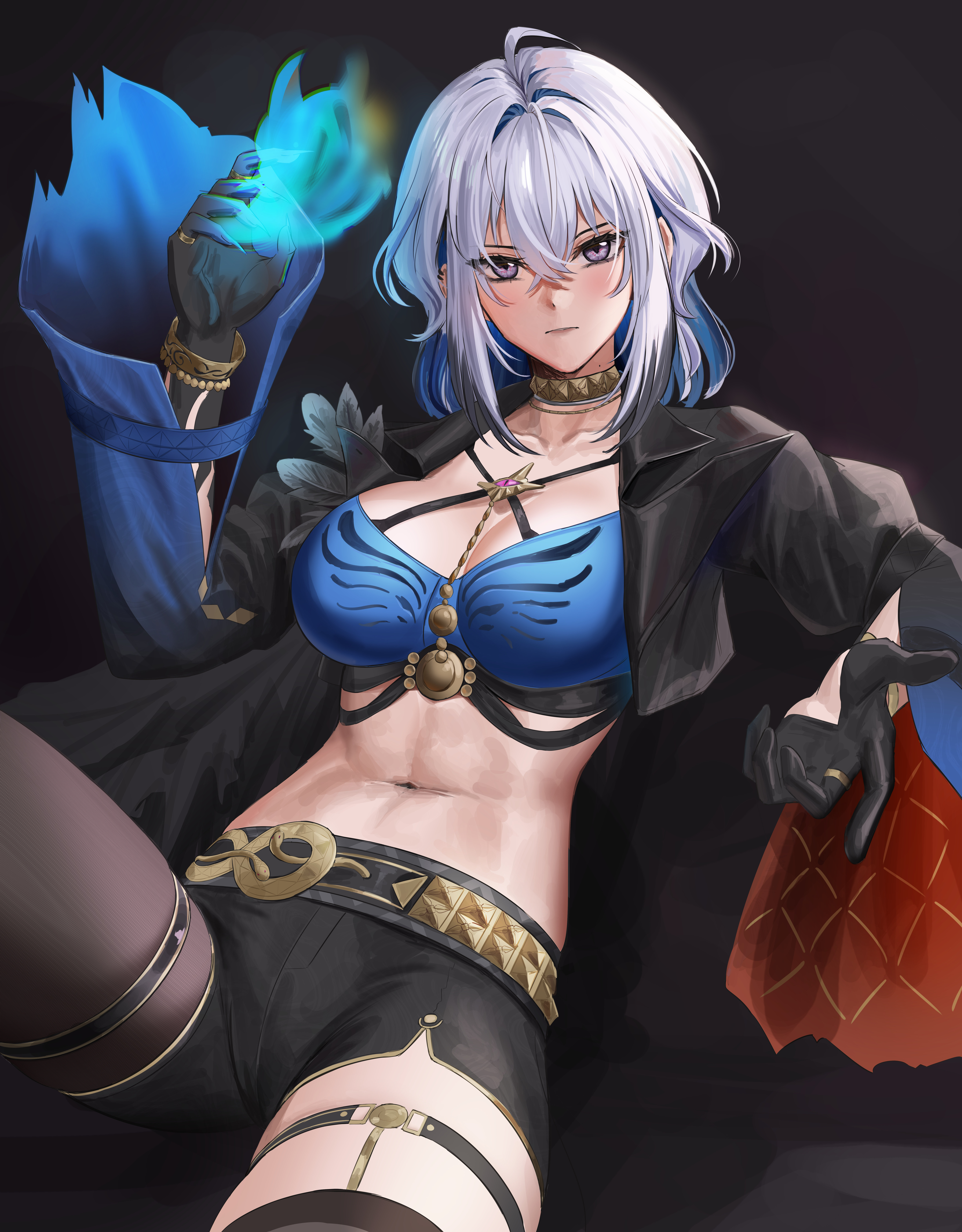anoreika tomoe, galbrena (wuthering waves), wuthering waves, absurdres, commentary, highres, 1girl, abs, ahoge, black gloves, black jacket, black pantyhose, black shorts, black wings, blue bra, blue hair, blue nails, bra, breasts, closed mouth, collarbone, colored inner hair, cropped jacket, elbow rest, gloves, gold choker, grey hair, hair between eyes, hand up, jacket, large breasts, looking at viewer, medium hair, mole, mole on neck, multicolored hair, mutation, navel, pantyhose, purple eyes, shorts, sidelocks, single glove, single leg pantyhose, single wing, sitting, solo, stomach, thigh strap, underwear, very long fingernails, wings
