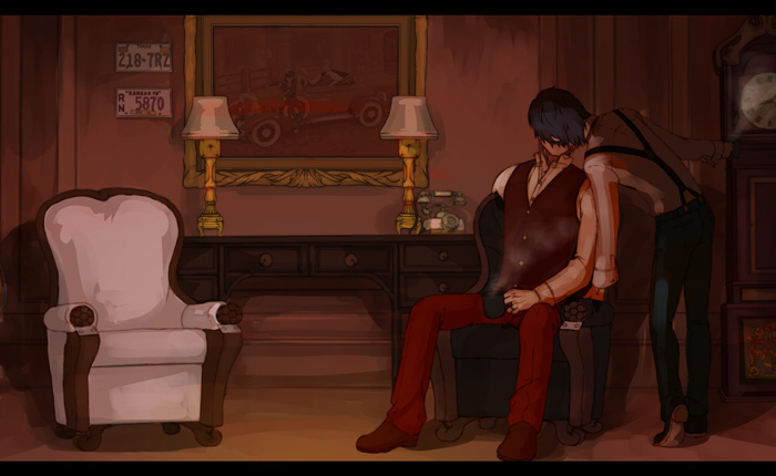 mizuno (hal0527), narukami yu, shirogane naoto, atlus, persona, persona 4, 1boy, 1girl, androgynous, chair, couple, hetero, kiss, lamp, painting (object), reverse trap, room, suspenders, vest