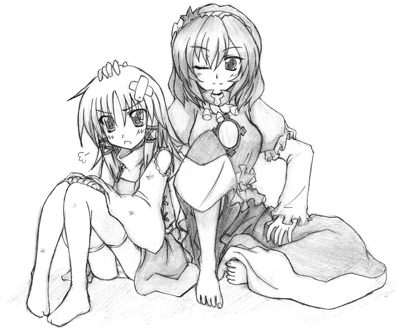 eku, moriya suwako, yasaka kanako, touhou, jpeg artifacts, 2girls, bad anatomy, bad feet, barefoot, feet, female focus, greyscale, monochrome, multiple girls, poorly drawn, sketch