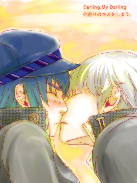 mizuno (hal0527), narukami yu, shirogane naoto, atlus, persona, persona 4, 1boy, 1girl, androgynous, blue hair, blush, closed eyes, couple, grey hair, hat, hetero, kiss, newsboy cap, reverse trap, short hair, sunset