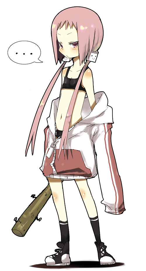 kl (dgzonbi), kl-chan, original, 1girl, baseball bat, blush, female focus, flat chest, full body, long hair, nail (hardware), nail bat, oversized clothes, pink hair, socks, solo, sports bra, sweater, transparent background, twintails, weapon