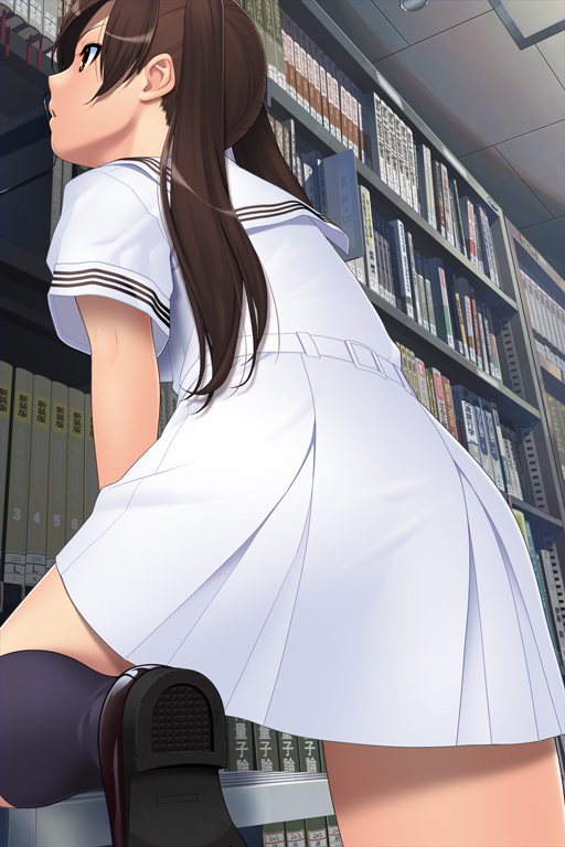ino (magloid), kousaka rino, otome function, 1girl, brown eyes, brown hair, dress, female focus, library, sailor dress, school uniform, serafuku, solo, standing, twintails