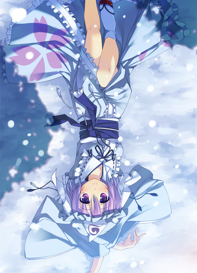 t-ray, saigyouji yuyuko, touhou, 1girl, dress, female focus, hat, lying, solo, upside-down