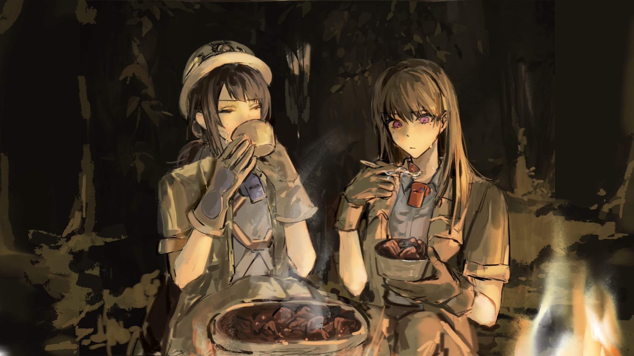 feiyu30903448, shiina taki, yahata umiri, bang dream!, bang dream! it's mygo!!!!!, commentary request, highres, 2girls, black hair, brown gloves, brown hat, closed eyes, gloves, grey shirt, hat, holding, holding spoon, long hair, mole, mole under eye, multiple girls, purple eyes, shirt, spoon, steam, sweatdrop