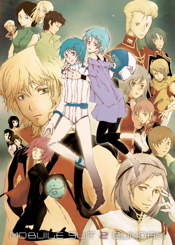 kanko (8262), amuro ray, beltorchika irma, bright noa, char aznable, emma sheen, fa yuiry, four murasame, haman karn, haro, henken bekkener, jerid messa, kamille bidan, katz howan, lila milla rira, mouar pharaoh, paptimus scirocco, quattro bajeena, reccoa londe, rosamia badam, sarah zabiarov, gundam, zeta gundam, pilot suit, 6+boys, 6+girls, blue hair, helmet, leggings, mecha pilot suit, multiple boys, multiple girls, normal suit (gundam), tunic