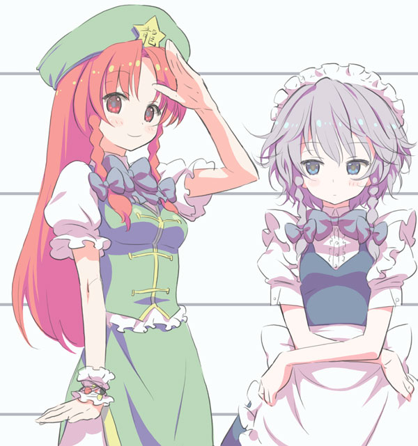 moriki takeshi, hong meiling, izayoi sakuya, embodiment of scarlet devil, touhou, silver hair, 2girls, braid, brown eyes, china dress, chinese clothes, dress, female focus, frills, hat, looking at viewer, maid, maid headdress, multiple girls, red hair, salute, simple background, standing, star (symbol), white background, wrist cuffs