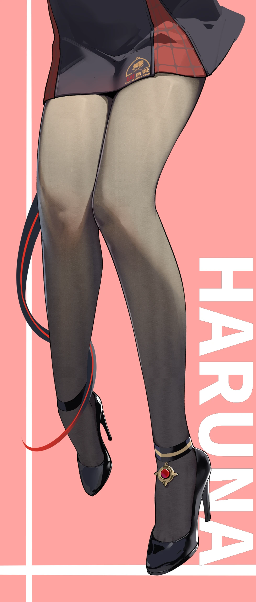 painterliuhao, haruna (blue archive), blue archive, highres, 1girl, black pantyhose, black shoes, black skirt, character name, high heels, lower body, pantyhose, red background, shoes, simple background, skirt, solo, tail, tail around own leg