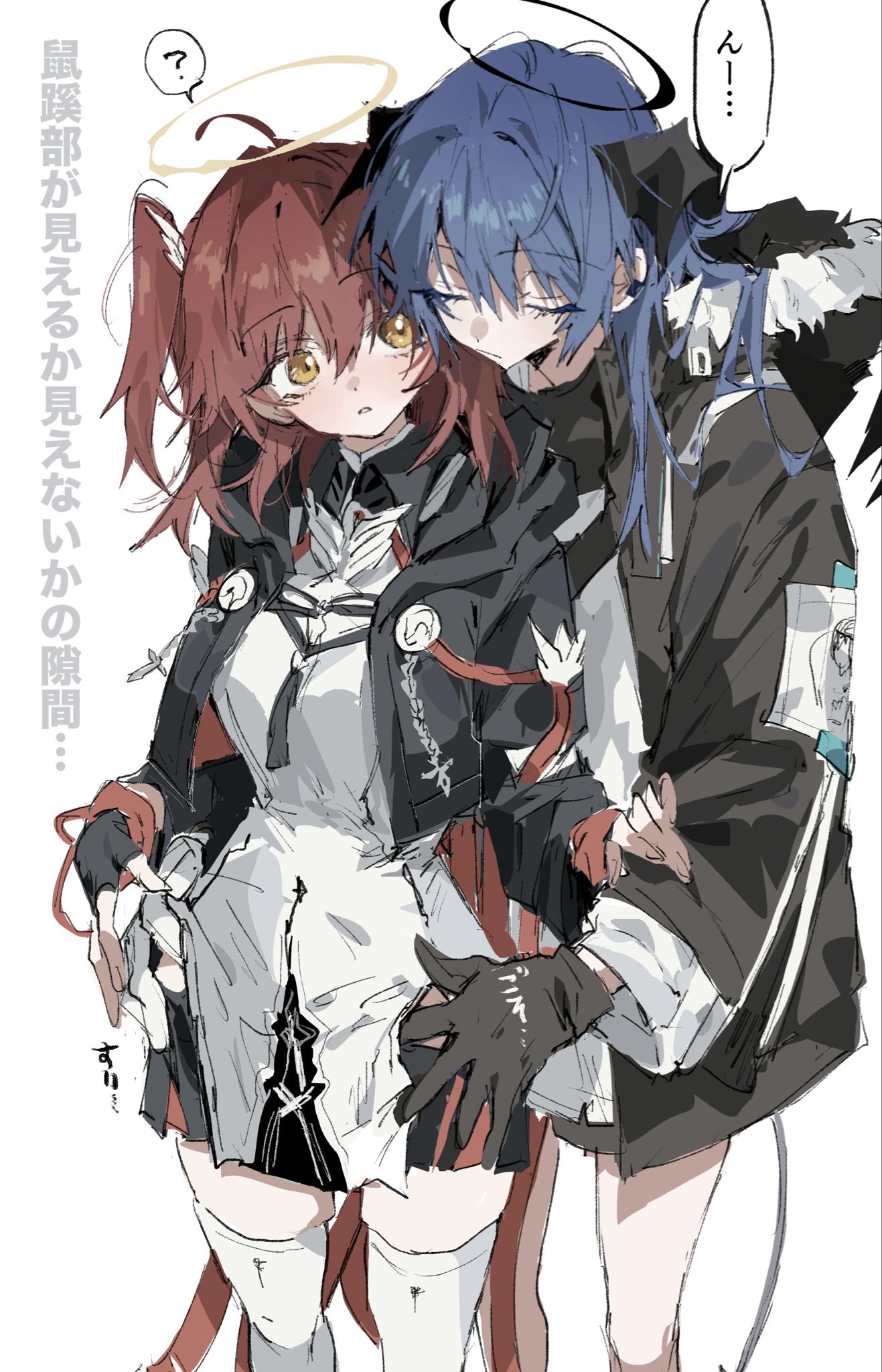 na tarapisu153, exusiai (arknights), exusiai the new covenant (arknights), mostima (arknights), arknights, commentary, highres, translation request, 2girls, black gloves, black jacket, blue hair, clothing cutout, demon tail, dress, gloves, hair between eyes, halo, hand in hip vent, hip vent, horns, jacket, long hair, medium hair, multiple girls, one side up, open clothes, open jacket, red hair, tail, thighhighs, white background, white dress, white thighhighs, yellow eyes, yuri