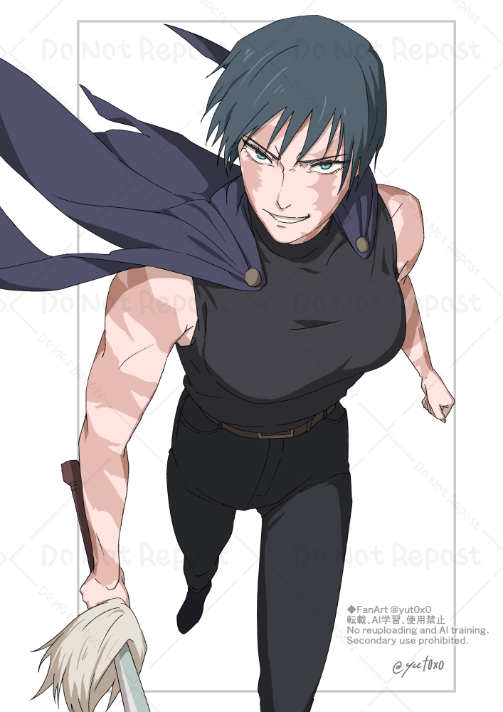 zen'in maki, jujutsu kaisen, >:), 1girl, androgynous, aqua eyes, battle scarred, belt, black pants, black tank top, blue cape, breasts, brown belt, burn scar, cape, cowboy shot, grey hair, grin, holding, holding sword, holding weapon, medium breasts, pants, scar, scar on arm, scar on face, short hair, smile, solo, sword, tank top, v-shaped eyebrows, walking, weapon, yuto (yut0x0)
