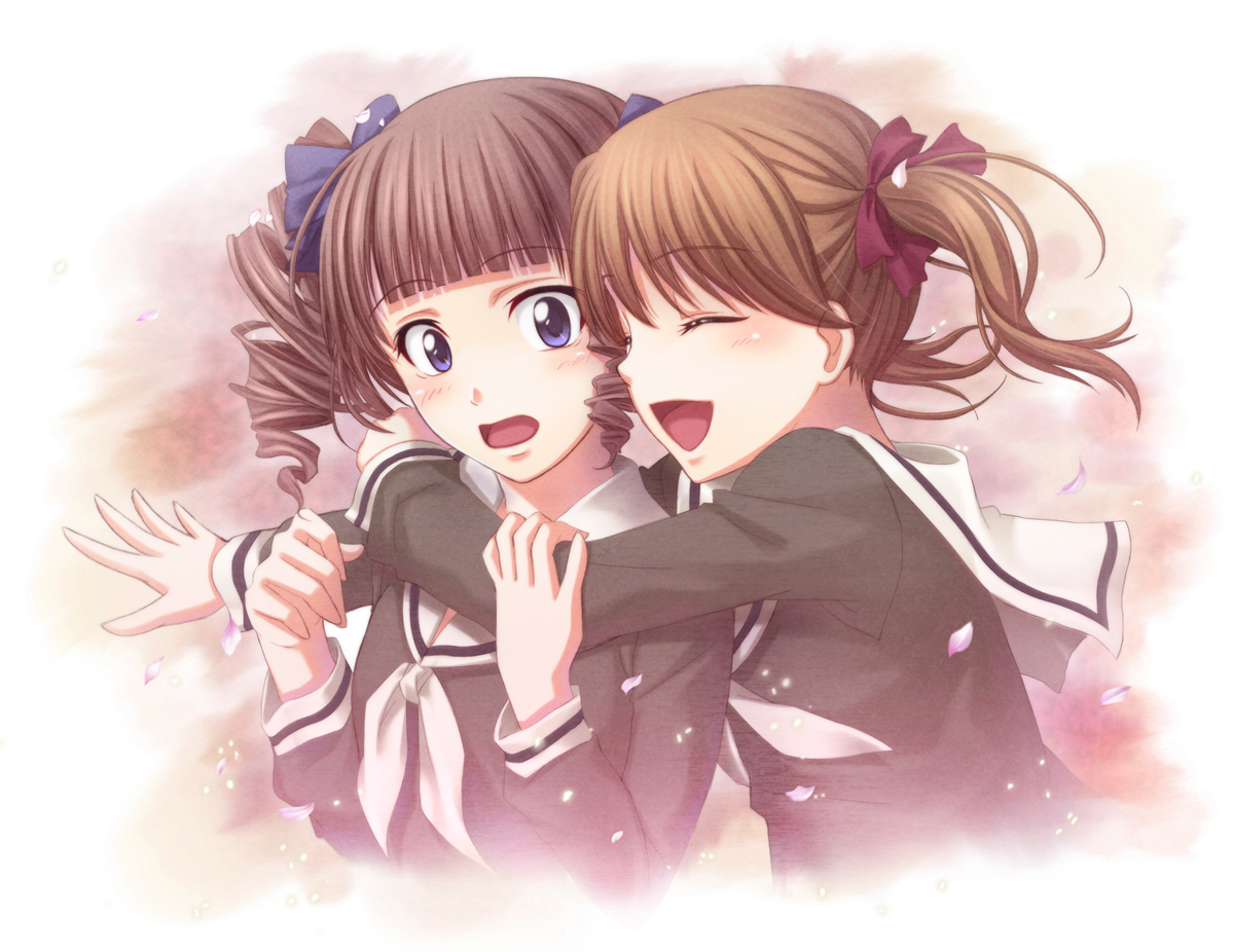 chobipero, fukuzawa yumi, matsudaira touko, maria-sama ga miteru, 00s, 2girls, :d, closed eyes, drill hair, hair ribbon, hug, hug from behind, multiple girls, open mouth, petals, purple eyes, ribbon, school uniform, smile, twin drills, twintails