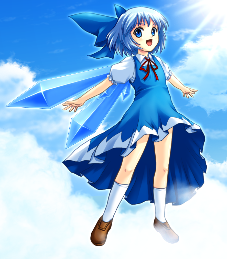yamasan, cirno, embodiment of scarlet devil, touhou, 1girl, blouse, blue eyes, blue hair, brown shoes, cloud, collared shirt, day, dress, female focus, full body, gradient background, hair ribbon, light rays, matching hair/eyes, open mouth, outdoors, ribbon, shirt, shoes, sky, socks, solo, sunbeam, sunlight, white shirt, white socks, wings