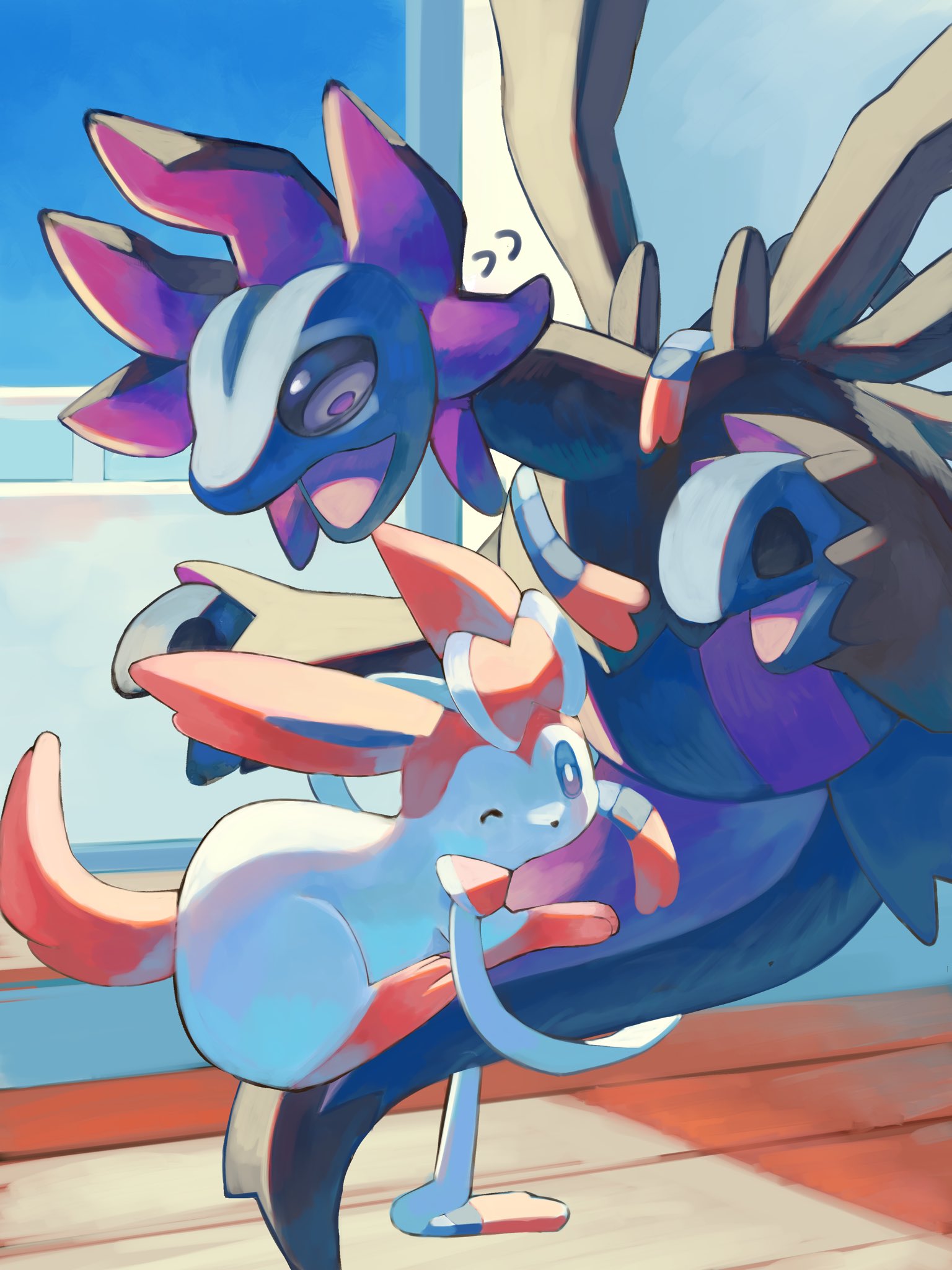 p9kfxaofqi54546, hydreigon, sylveon, nintendo, pokemon, highres, animal focus, black sclera, blue eyes, blue sclera, bow, closed mouth, colored sclera, dragon, gen 5 pokemon, gen 6 pokemon, multiple heads, no humans, one eye closed, open mouth, pink fur, pokemon (creature), pokemon focus, ribbon, tail, two-tone fur, white fur, wings