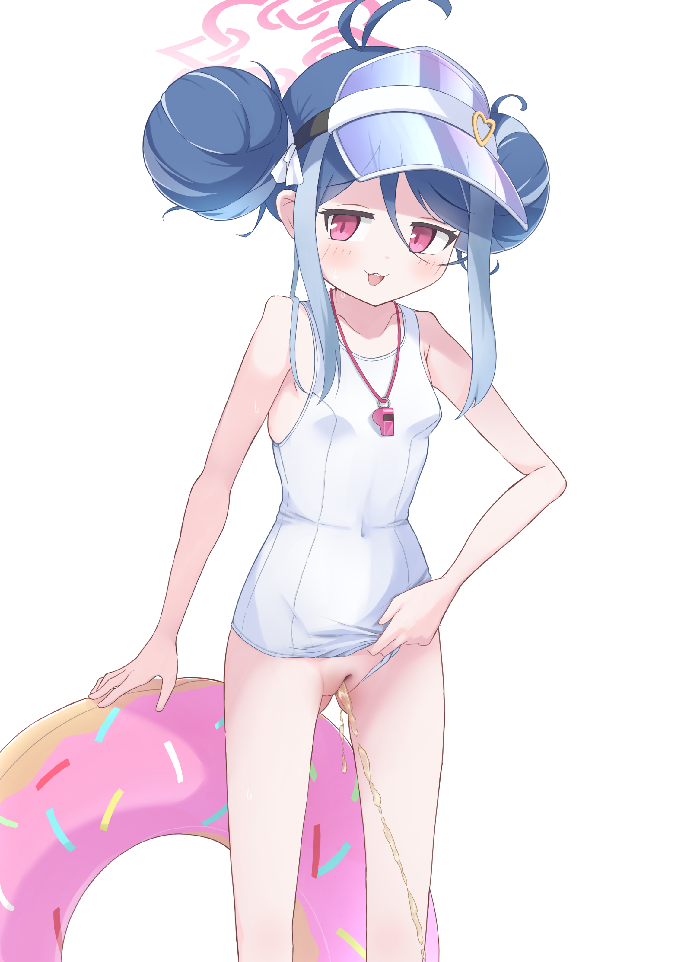 udonko (tinanago7715), fubuki (blue archive), fubuki (swimsuit) (blue archive), blue archive, 1girl, :3, antenna hair, blue hair, blush, breasts, clothing aside, collarbone, donut, donut innertube, double bun, food, hair bun, hair ribbon, halo, hat, hat ornament, heart, heart hat ornament, holding, holding swim ring, innertube, looking at viewer, multicolored hair, one-piece swimsuit, open mouth, peeing, pink eyes, pink hat, pussy, ribbon, school swimsuit, sidelocks, small breasts, smile, standing, streaked hair, swim ring, swimsuit, swimsuit aside, teeth, visor cap, wet, whistle, whistle around neck, white background, white one-piece swimsuit, white ribbon, white school swimsuit