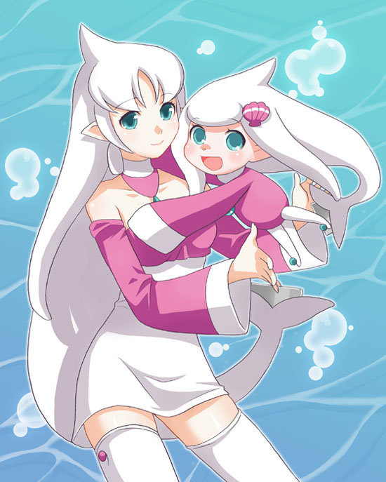 mattaku mousuke, puu, net ghost pipopa, original, 00s, 2girls, :d, ahoge, air bubble, aqua eyes, bare shoulders, blush, bubble, choker, detached sleeves, dress, hair ornament, hug, long hair, long sleeves, looking at viewer, mini person, minigirl, multiple girls, open mouth, pointy ears, shell, shell hair ornament, short dress, smile, strapless, strapless dress, tail, thighhighs, very long hair, water, white hair, white thighhighs, wide sleeves, zettai ryouiki