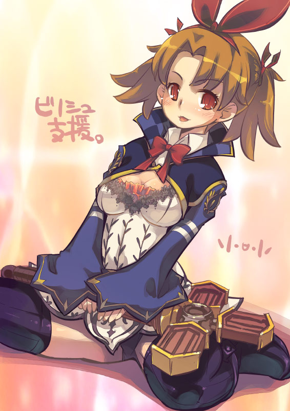 super zombie, suupaa zonbi, original, translation request, 1girl, black thighhighs, breasts, brown hair, cleavage, female focus, hair ribbon, hairband, medium breasts, ribbon, short hair, solo, thighhighs