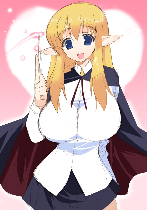 kusaka souji, tiffania westwood, zero no tsukaima, 00s, blonde hair, blouse, blue eyes, breasts, cape, elf, heart, huge breasts, long hair, open mouth, pointy ears, shirt, sketch, skirt, solo, wand