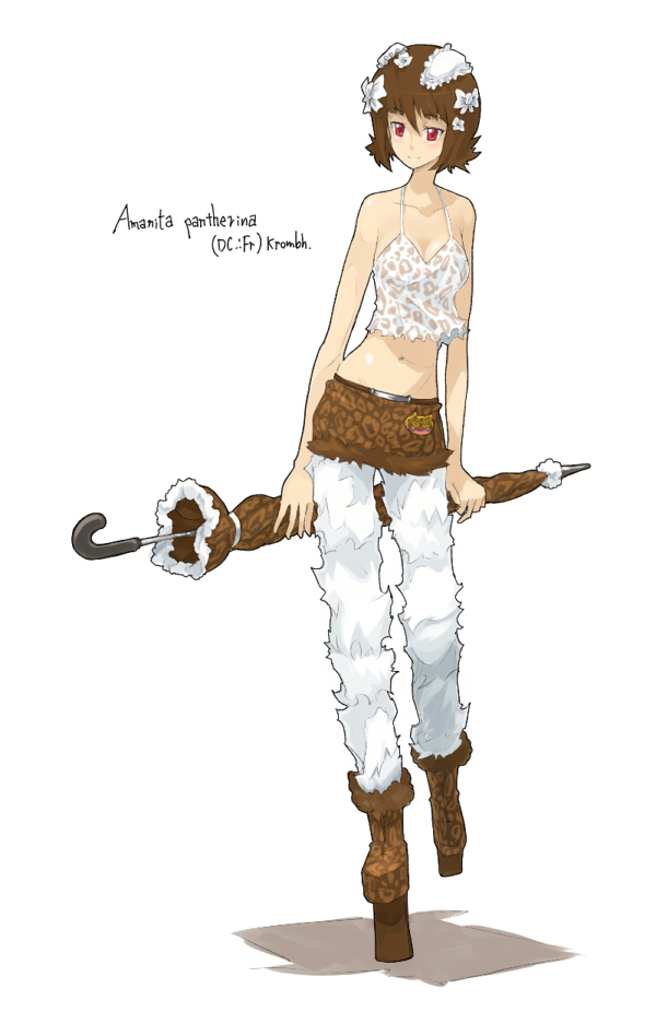 oso (toolate), amanita pantherina, original, oso-teki kinoko gijinka zukan, 1girl, camisole, female focus, hair ornament, shorts, solo, umbrella