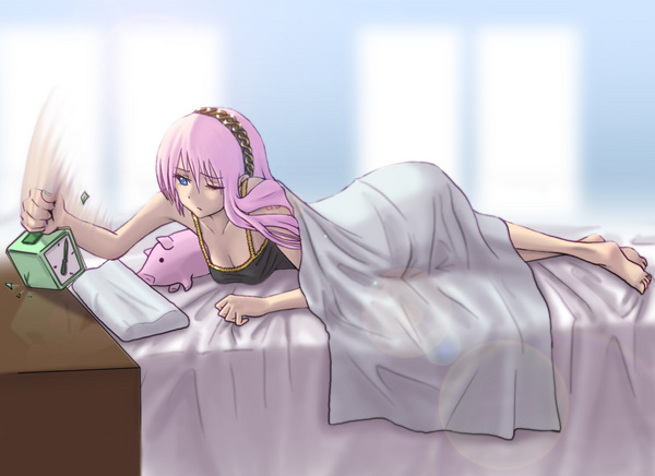 hadairo rainbow, megurine luka, vocaloid, resized, 1girl, barefoot, bed, blue eyes, clock, lens flare, long hair, pig, pink hair, pixiv thumbnail, sleepy, solo, stuffed animal, stuffed toy, very long hair, wink